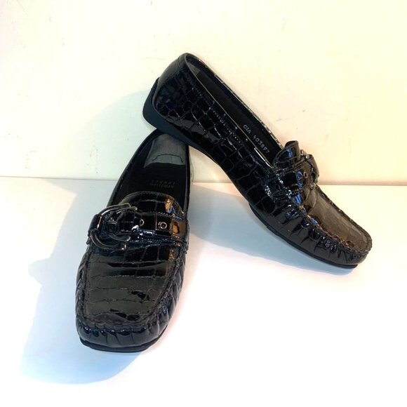 Stuart Weitzman Croc Embossed Patent Leather Loafer Shoe Black 8 M